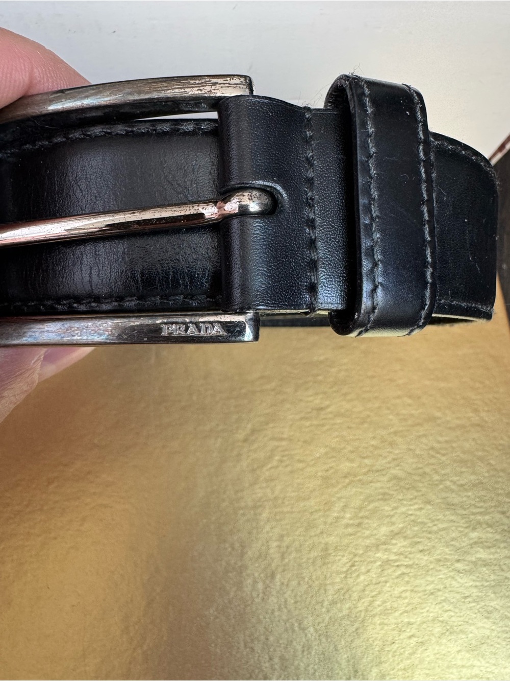 Prada Black Leather Men's Belt with Silver-Tone Buckle